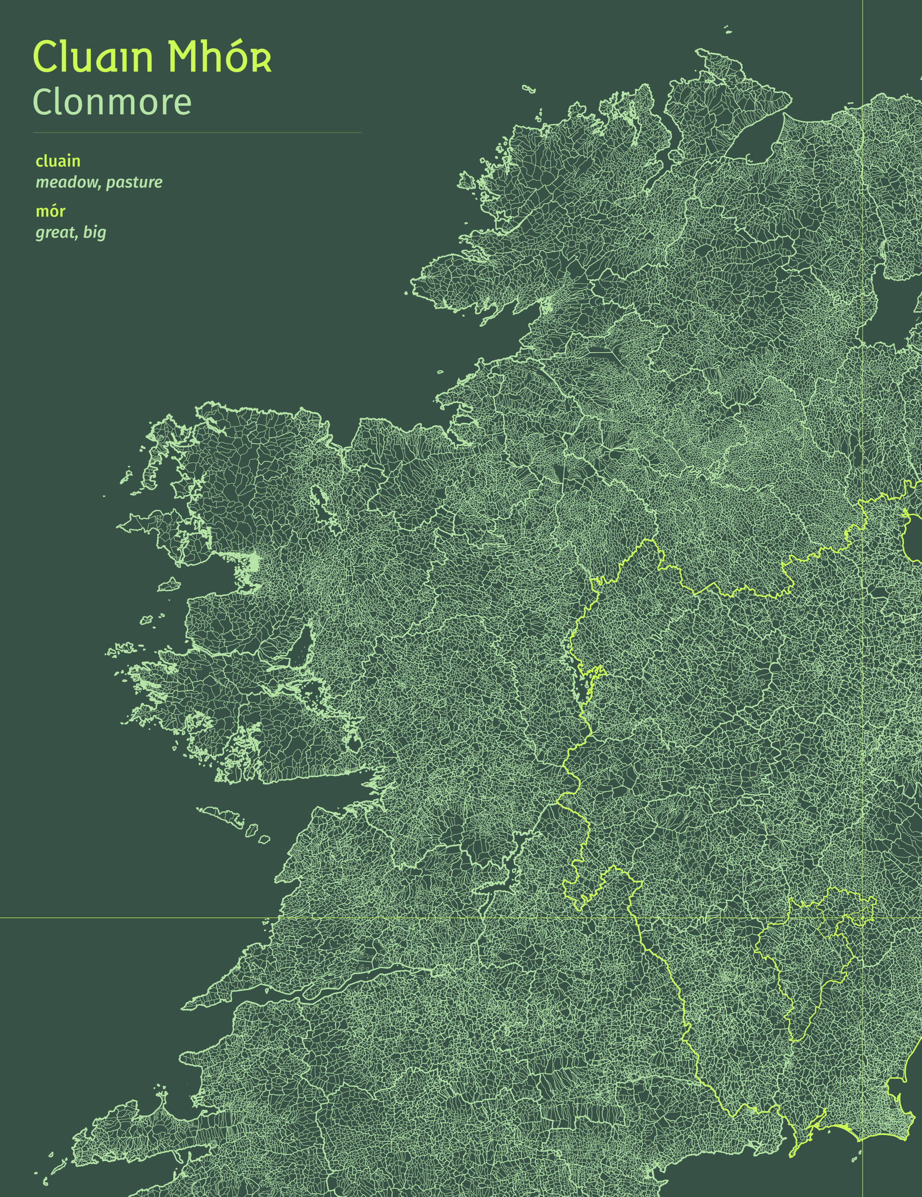 Contour lines An image of a poster of Ireland's 61,119 townlands, highlighting one in particular